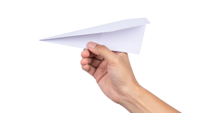 Hand holding a White Paper Airplan, Isolated on Transparent Background
