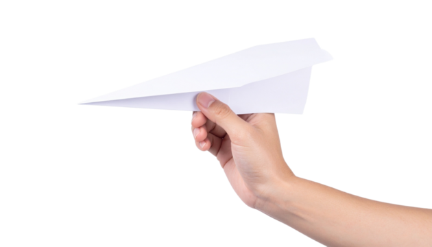Hand holding a White Paper Airplan, Opportunity Concepts, Isolated on Transparent Background