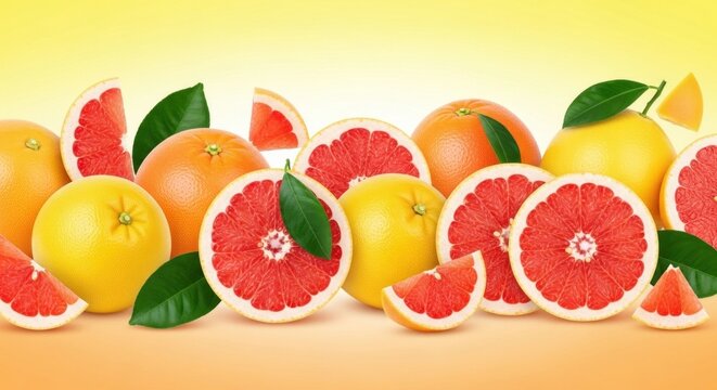 A vibrant display of fresh, sliced grapefruits and lemons against a yellow background.