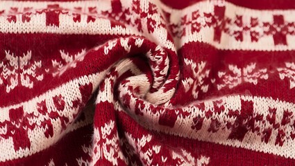 Red and white knitted fabric with winter pattern background texture
