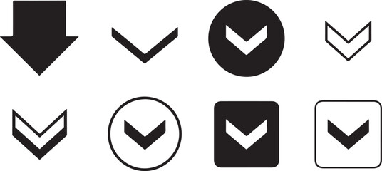 Black chevron symbols pointing downwards in various shapes down arrow icon