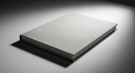 A closed book with a textured cover is lying on a white surface with a shadow and soft lighting around it