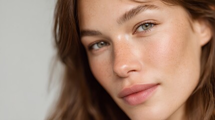 Naklejka premium Woman with green eyes and a pinkish tint to her lips