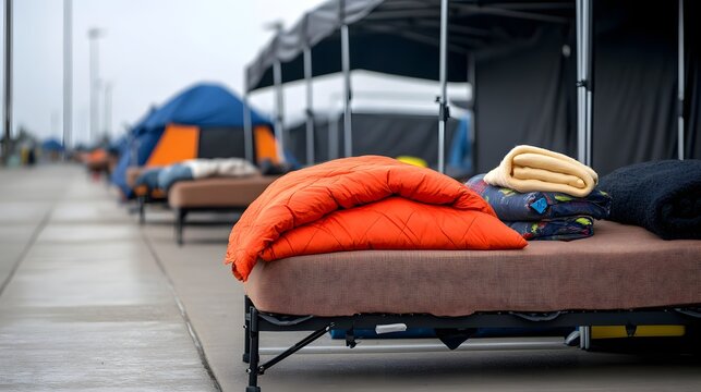 Row of temporary cots with bedding outside including orange sleeping bag blankets and tents