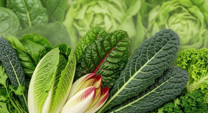 A variety of fresh green vegetables, including spinach, kale, and lettuce, arranged on a green background.