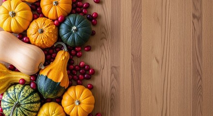 A top view of pumpkins and cranberries on a wooden surface with space for text on the right side