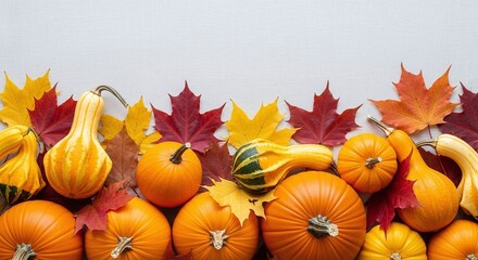Autumn arrangement of pumpkins and gourds with colorful maple leaves on a white wooden surface