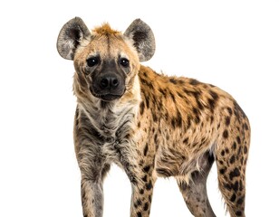 A spotted hyena isolated against a stark white background, looking forward