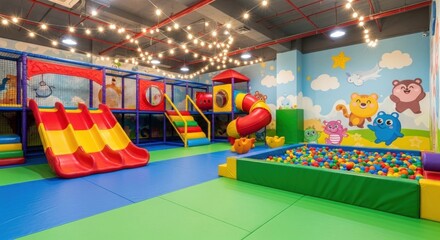 A colorful indoor play area with a variety of toys and structures for children.