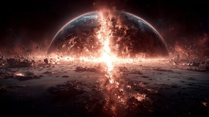 Planet Collision in Deep Space: Brilliant Burst Over Crimson, Rocky Terrain