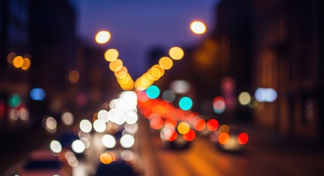 A busy city street at night with blurred lights and cars.
