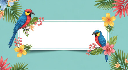 Two parrots perched on a branch with tropical flowers and leaves on a turquoise background.