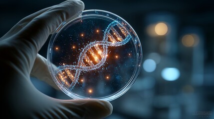 Scientist Hand Holds DNA Helix Inside Pristine Futuristic White Laboratory Close-Up