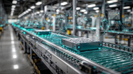 Server Rack On Conveyor Belt In Modern Factory With Digital Network Overlay