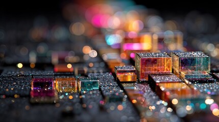 Colorful Glass Cubes on Sparkly Surface With Bokeh Lights and Glitter