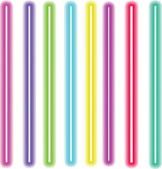 Luminous neon lines isolated, lights lines set in different rainbow colors, retro led neon lamp tube, glowing laser beams streaks on dark background
