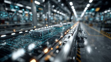 Automated Warehouse Conveyor Belt With Small Cargo Crates In High-Tech Production Line Facility