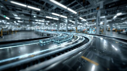 Conveyor Belts Curving Through Modern Warehouse With Futuristic Battery Packs