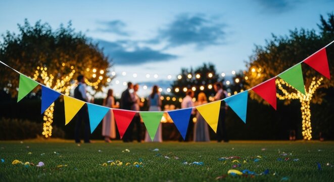 A festive outdoor party with colorful bunting and string lights in a garden setting.
