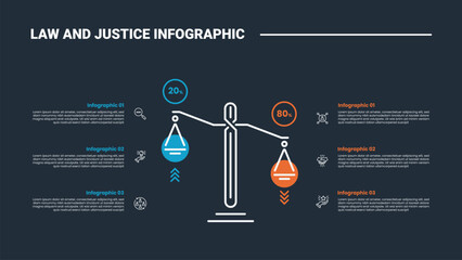 Law and justice infographic process diagram with scales center with content opposite direction with dark background bright outline style 6 points