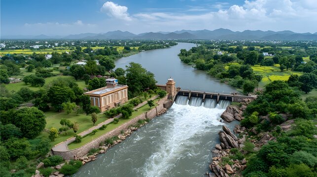 Aerial view of a river dam with strong water flow an adjacent power plant building and green rural landscape