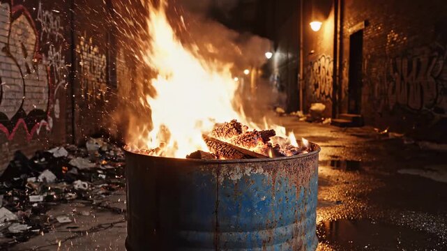 Burning Barrel in Urban Alleyway - A Nighttime Scene.