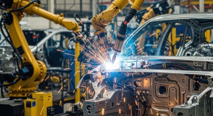 Robotic arms welding on a car body in a factory.