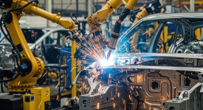 Robotic arms welding on a car body in a factory.