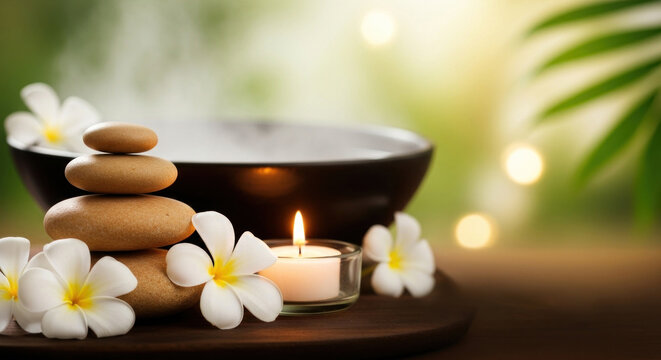 A serene spa setting with rocks, a candle, and flowers.