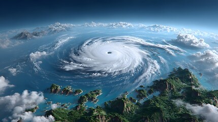 Massive hurricane swirling over the vast blue ocean with green islands and rugged mountains visible below