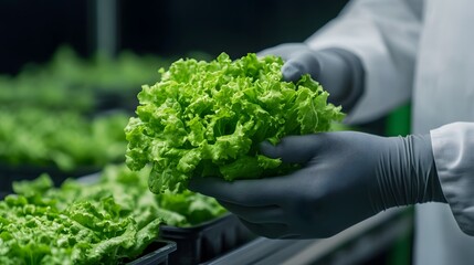 A person in a white lab coat and gloves holds vibrant green lettuce in a hydroponic farm