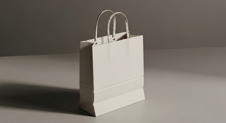 A plain white paper shopping bag with rope handles sitting on a light gray surface under soft lighting