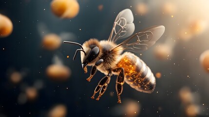 Furry bee with glowing golden body and translucent wings hovers Dark blurred background features sparkling golden light