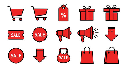 A comprehensive collection of modern e-commerce and retail sale vector icons, perfect for illustrating discounts, promotions, and shopping experiences in web design, marketing materials, 