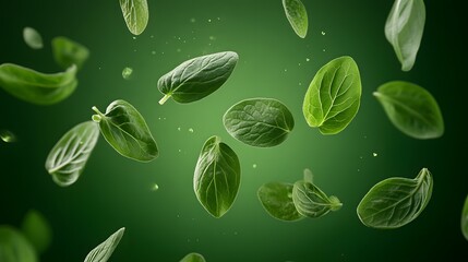 Vibrant green leaves and glistening water droplets suspended against a dark green backdrop Fresh herbs in motion