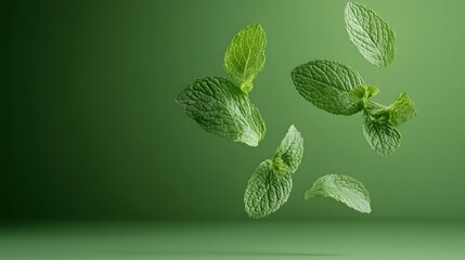 Several vibrant fresh green mint leaves floating freely in mid air against a gradient studio background