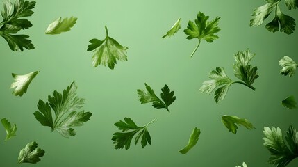 Fresh green parsley leaves floating and scattered against a vibrant monochromatic green background
