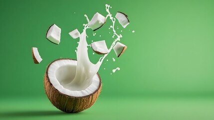 Halved coconut with white milk splashing out Several coconut pieces float in the air Vibrant green background