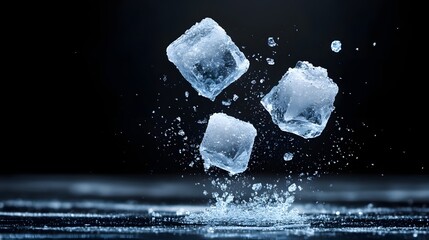 Three clear ice cubes falling and splashing water fragments onto a wet reflective surface against a dark background