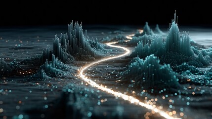 Dynamic 3D Data Visualization Of Financial Growth Along A Glowing Path Across Peaks