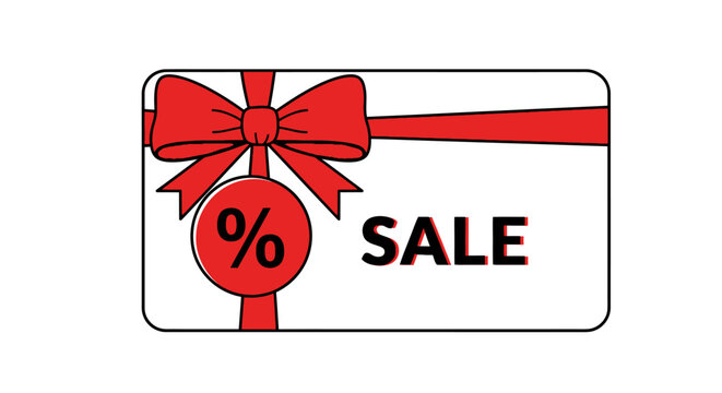 Gift Card with Red Ribbon and Percentage Sign, Symbolizing a Special Discount Offer for a Big Sale Event