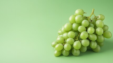 A vibrant bunch of fresh green grapes rests on a light green background offering ample copy space