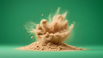 Dynamic burst of light brown fine powder creating a vibrant cloud above a small pile on a green surface
