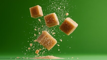 Four brown sugar cubes and scattered granules suspended over a small pile all against a vibrant green background