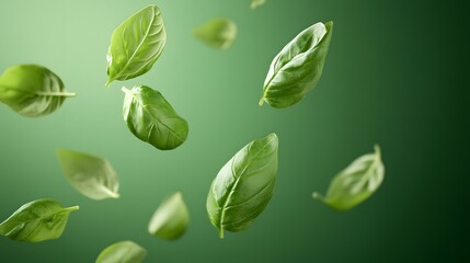 Bright fresh green basil leaves captured falling and floating against a vibrant gradient green background