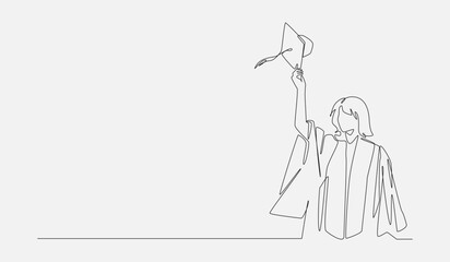 Continuous line art of female graduate throwing graduation cap. Editable vector illustration.