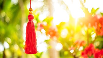 Red tassel decoration hanging outdoors with bright sunlight and green background