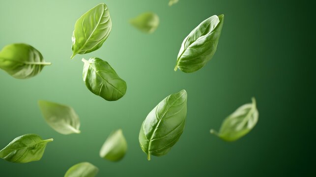 Bright fresh green basil leaves captured falling and floating against a vibrant gradient green background