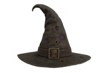 Old witch hat with pointed shape and tattered fabric, symbolizing magic, fantasy, and halloween costume traditions
