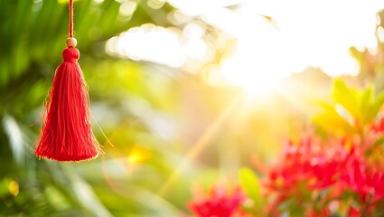 Red tassel hanging with sunlight and beautiful colorful bokeh background